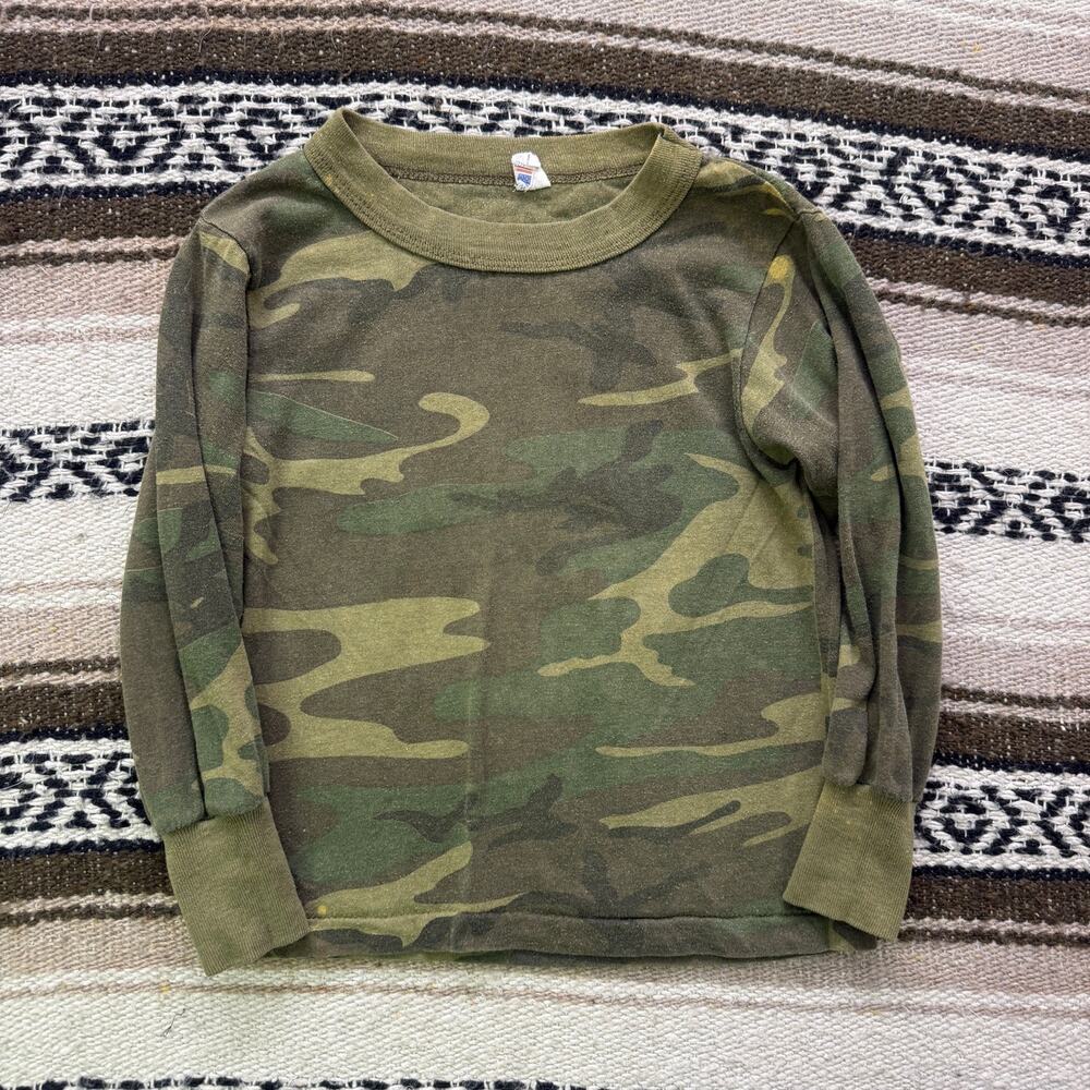 Youth Kids Vintage 90's Woodland Camo Camouflage Green Long Sleeve Shirt Small